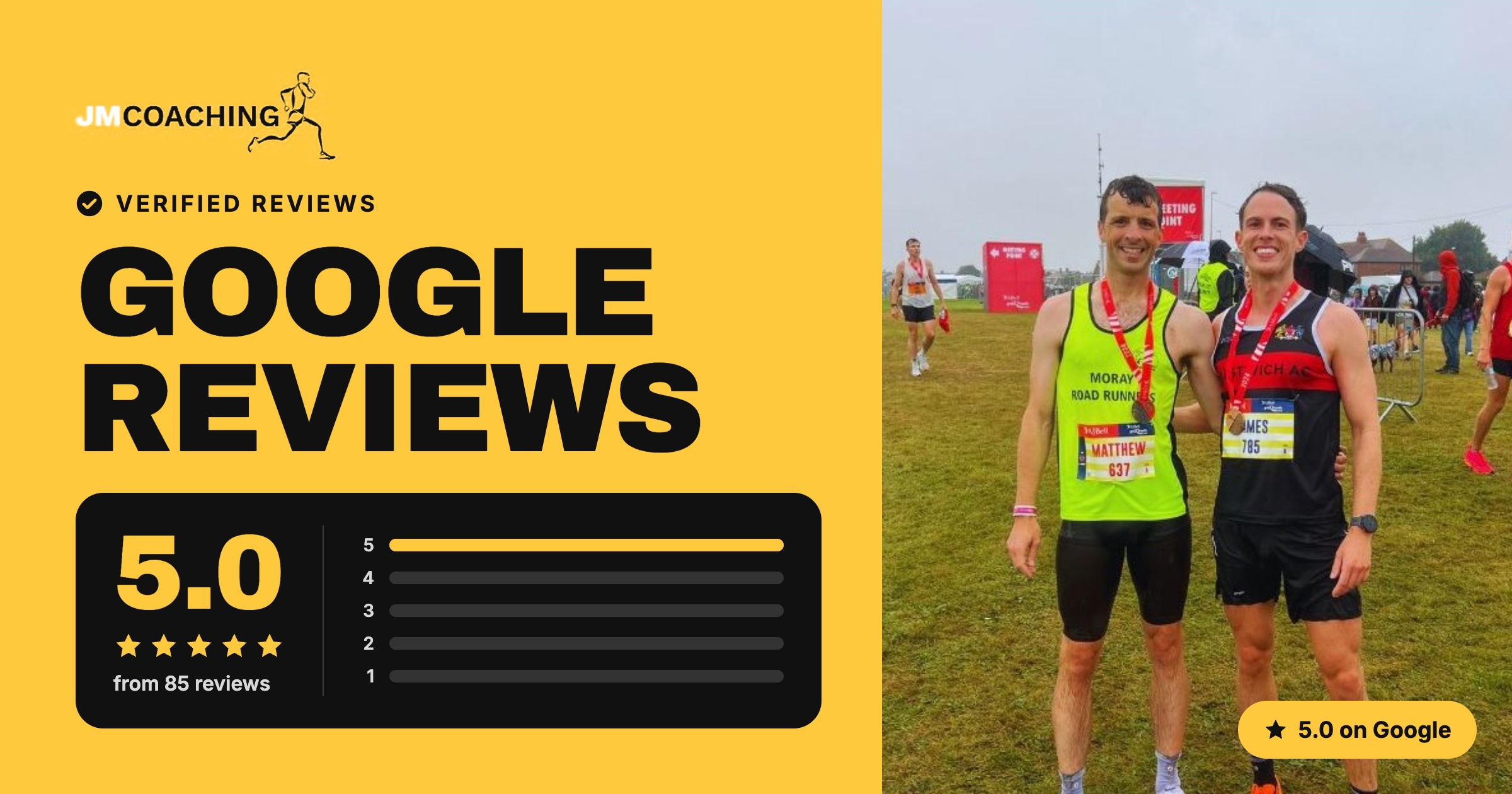 JM Coaching 5.0 Google Reviews rating from 85 verified reviews, alongside two JM Coaching runners at a race finish