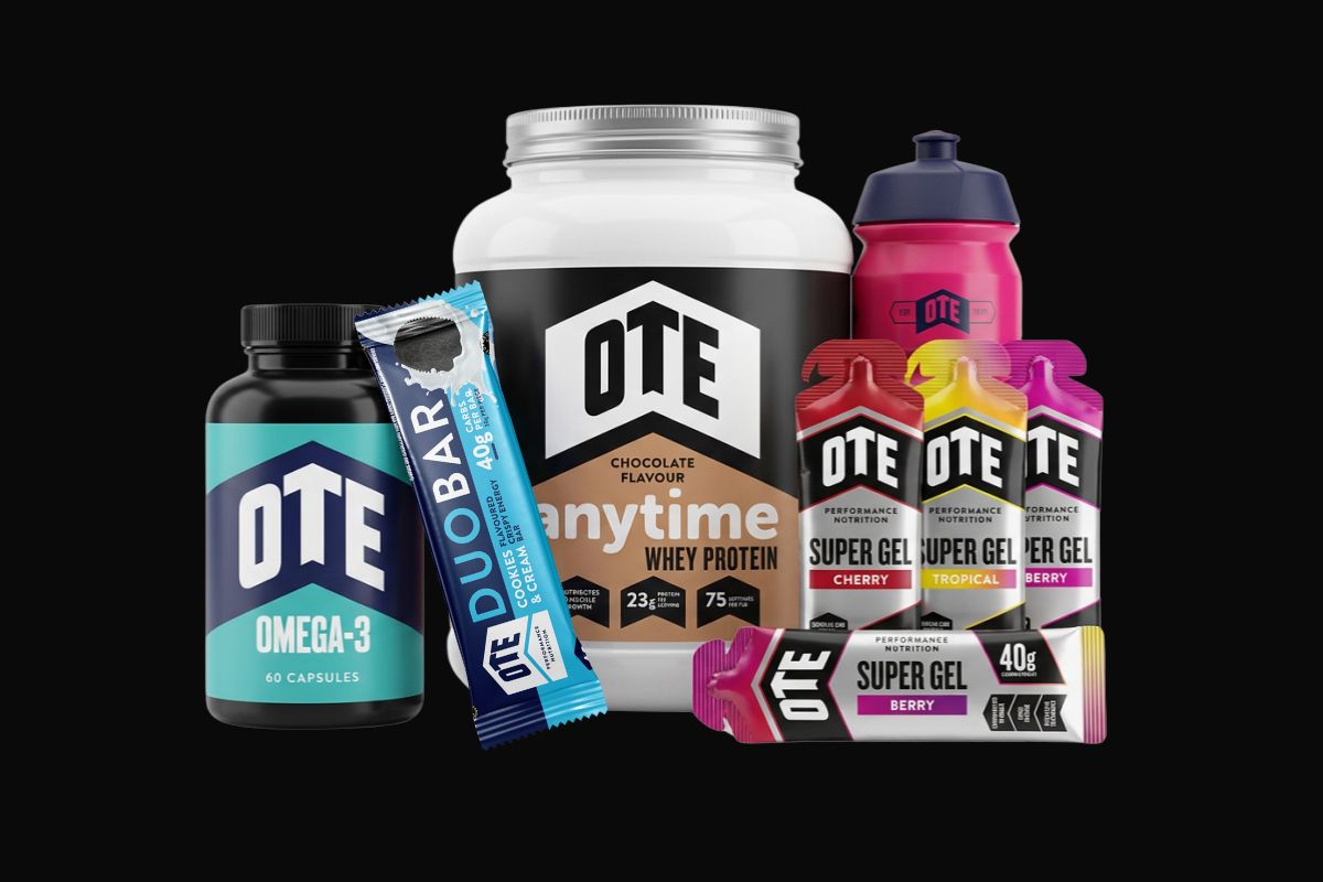 OTE marathon training nutrition bundle: energy gels, whey protein, omega-3, hydro tabs, duo bars and a drinks bottle