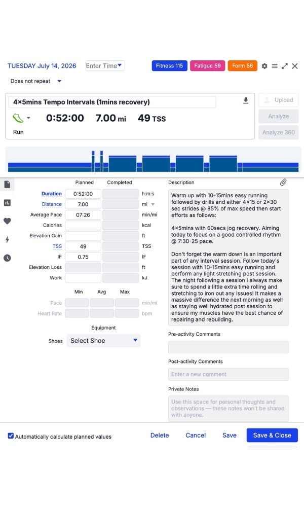 4x5min tempo intervals workout detail